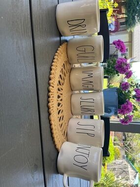 Rae Dunn Cream Ceramic Mug Set with Black Lettering set of 6
